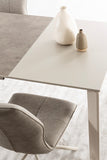 set di 2 sedie kepler in similpelle tortora e gambe incrociate beige, design minimal, perfetto per arredamenti moderni