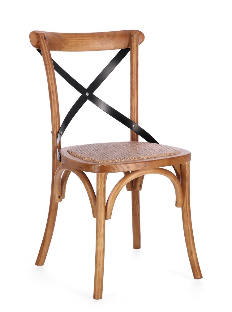 set di 2 sedie cross metal in legno di olmo naturale scuro e stecche acciaio nero, sedia dal design moderno per sala da...