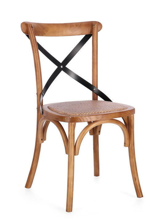 set di 2 sedie cross metal in legno di olmo naturale scuro e stecche acciaio nero, sedia dal design moderno per sala da...