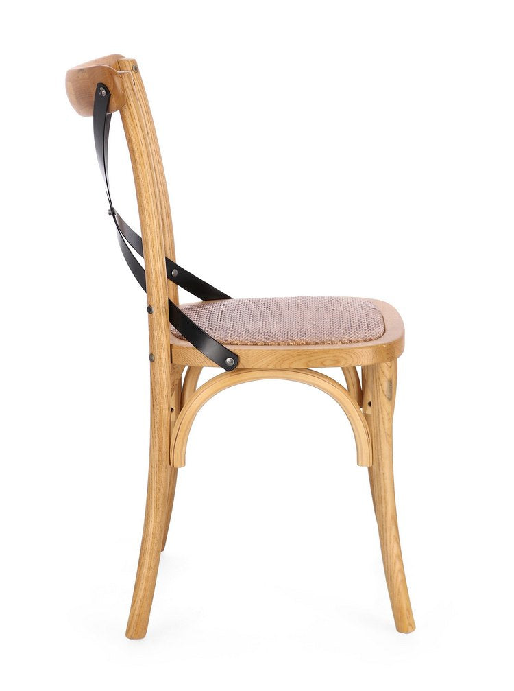 set di 2 sedie cross metal in legno di olmo naturale e stecche acciaio nero, vista ambientata attorno a un tavolo da pranzo