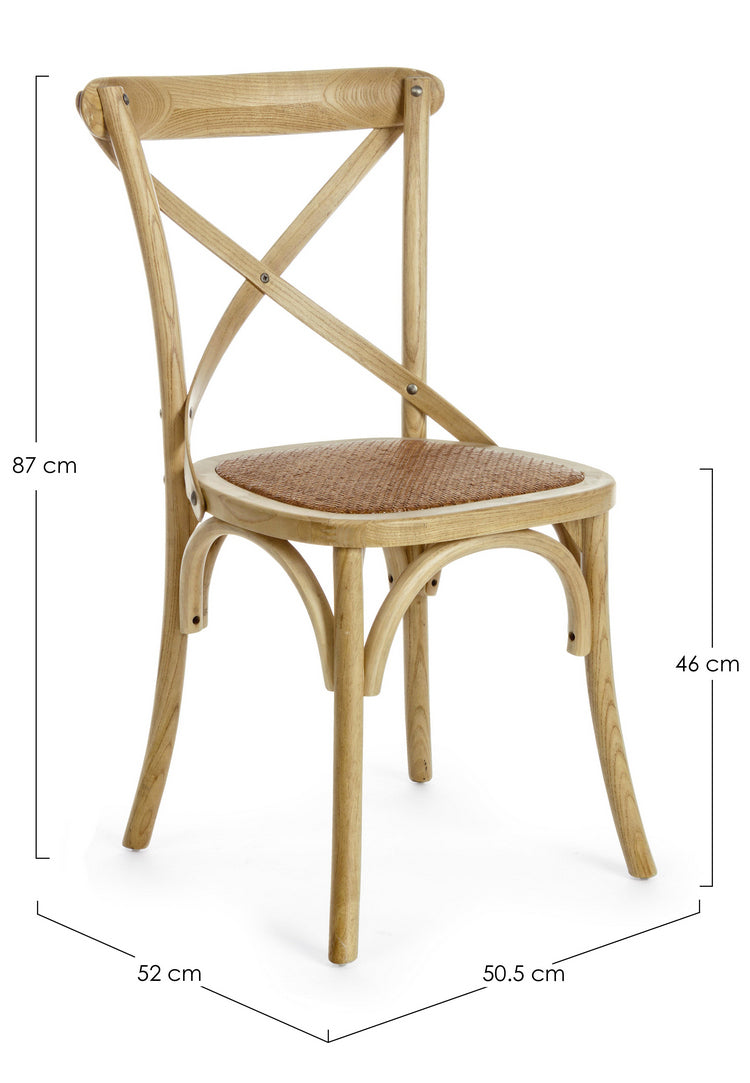 set di 2 sedie cross in legno di olmo marrone e rattan naturale, facile da abbinare a qualsiasi stile d’arredo