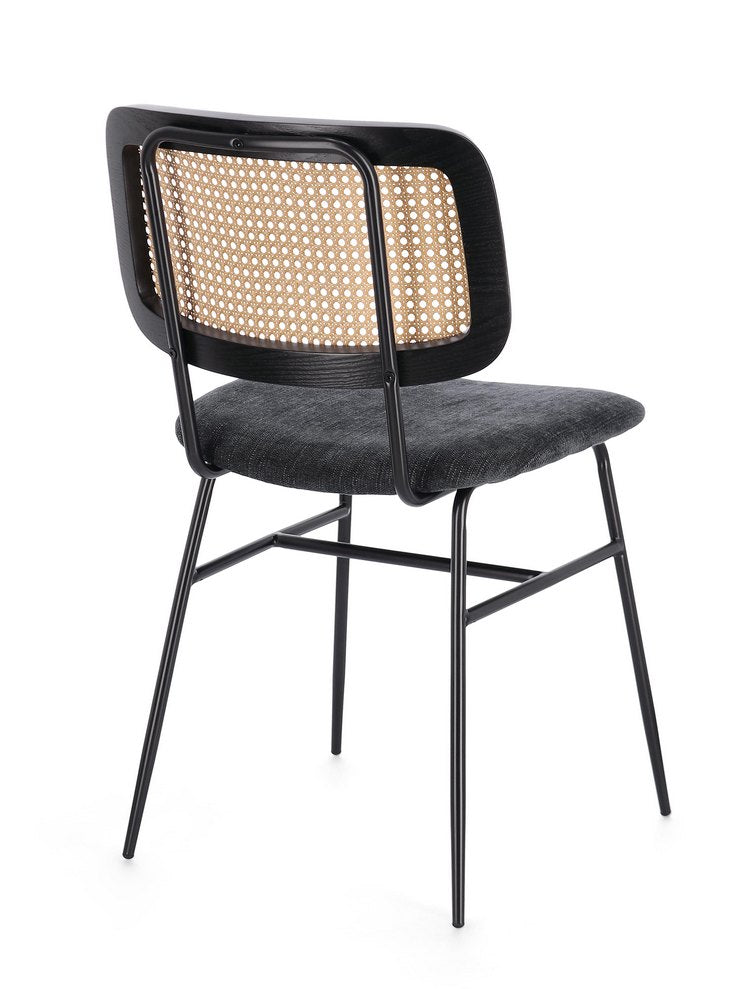 set di 2 sedie glenna in tessuto grigio scuro e rattan con gambe nere, seduta ergonomica per comfort quotidiano