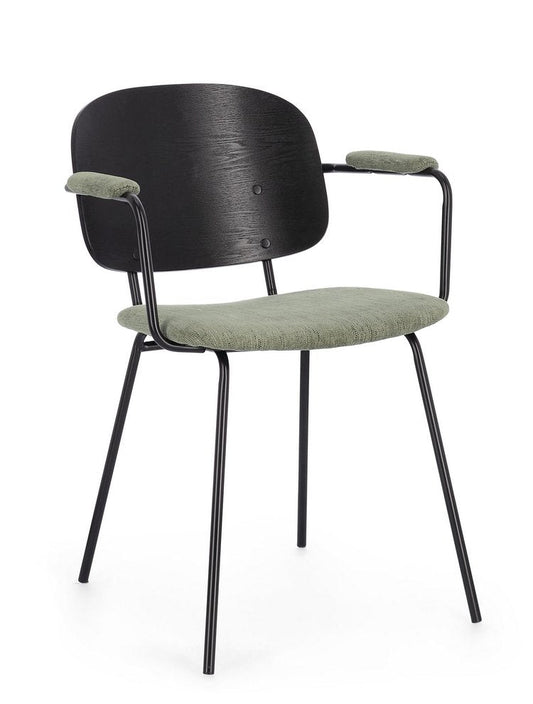 set di 2 sedie sienna in tessuto verde e struttura nera, poltroncina elegante con braccioli per zona living o pranzo