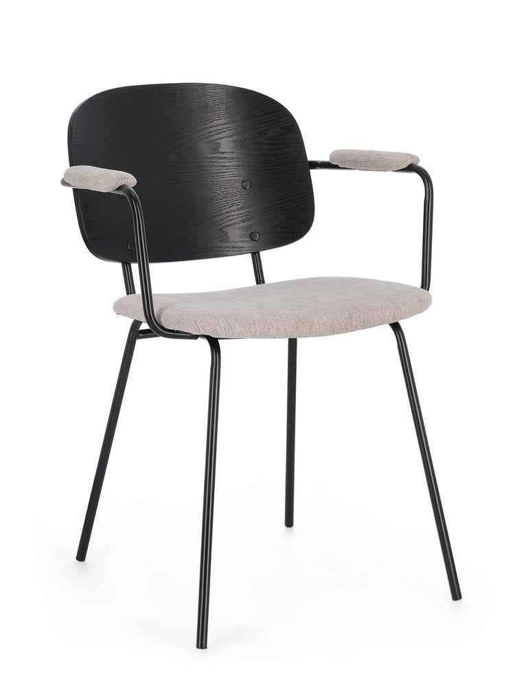 set di 2 sedie sienna in legno di pioppo e tessuto natural, gambe acciaio nere, poltroncina elegante con braccioli per zona...