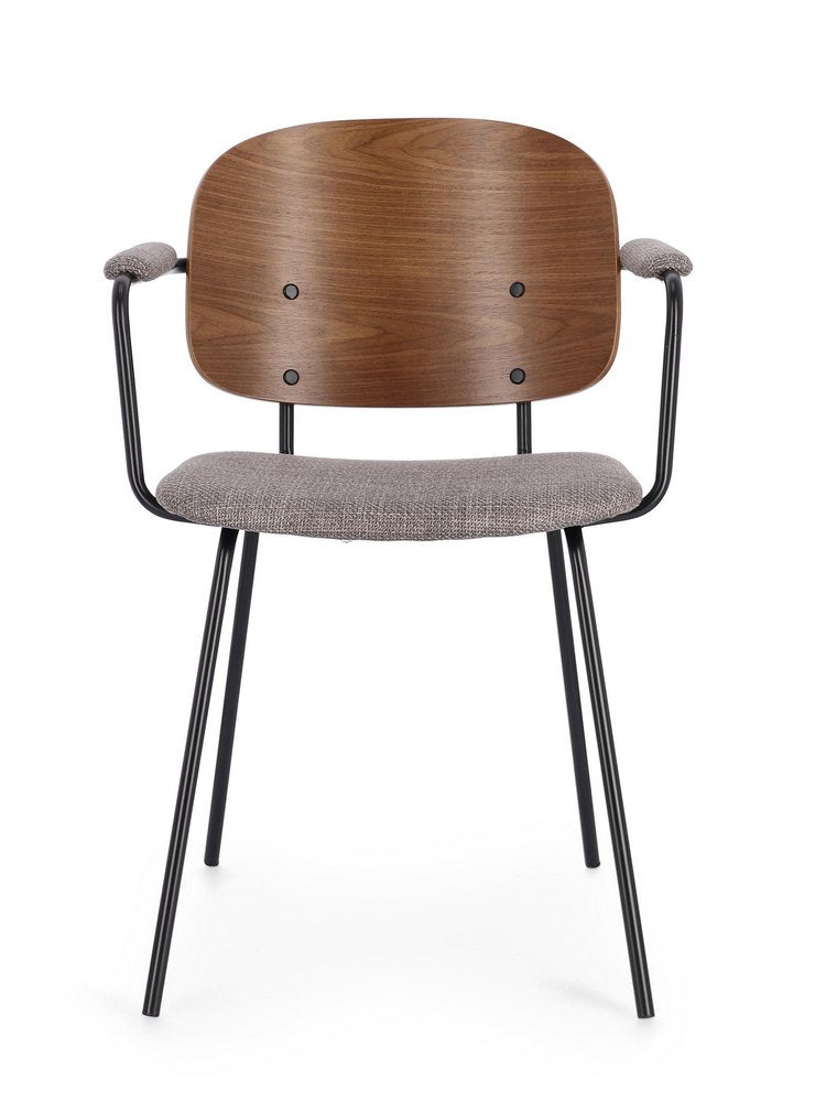set di 2 sedie sienna in tessuto grigio e legno marrone con gambe nere, dettaglio dei braccioli imbottiti o in legno