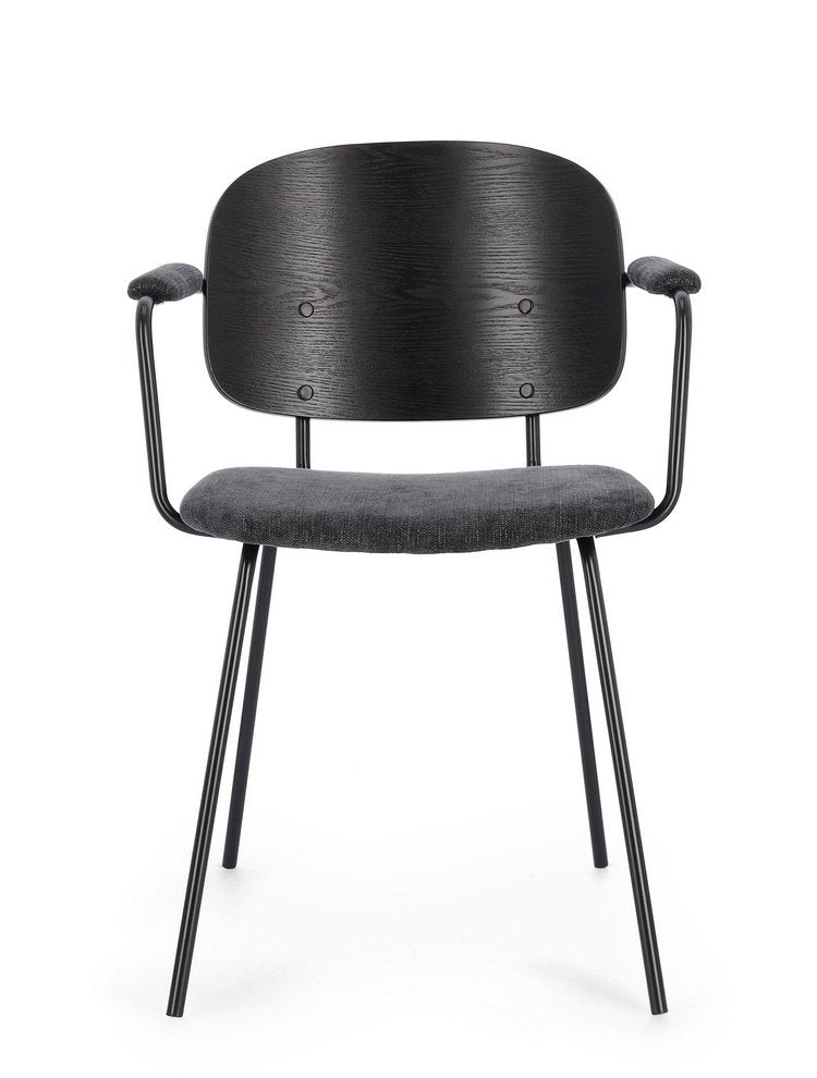 set di 2 sedie sienna in legno di pioppo e tessuto grigio scuro, gambe acciaio nere, dettaglio dei braccioli imbottiti o in...