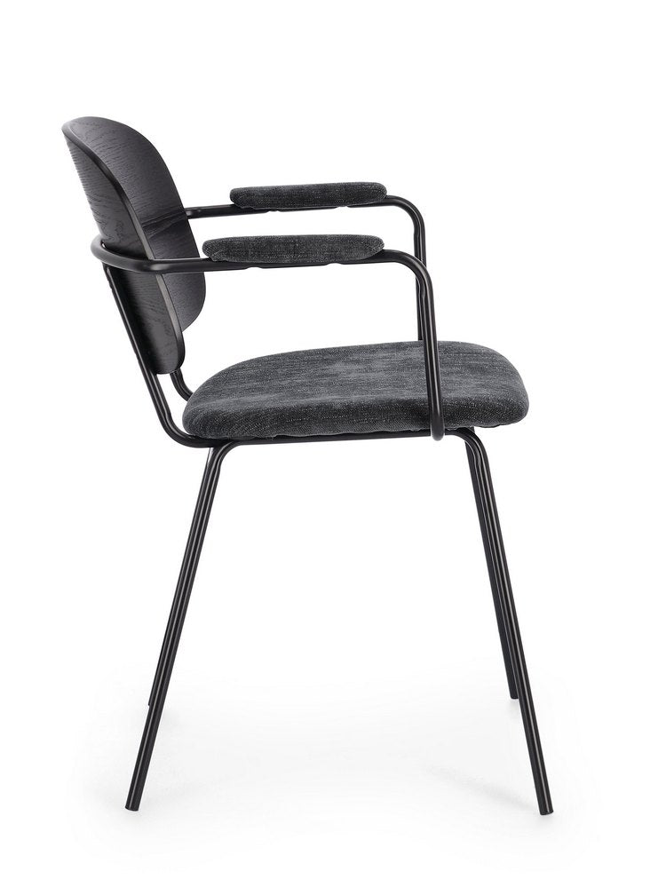 set di 2 sedie sienna in legno di pioppo e tessuto grigio scuro, gambe acciaio nere, vista ambientata in soggiorno o sala da...