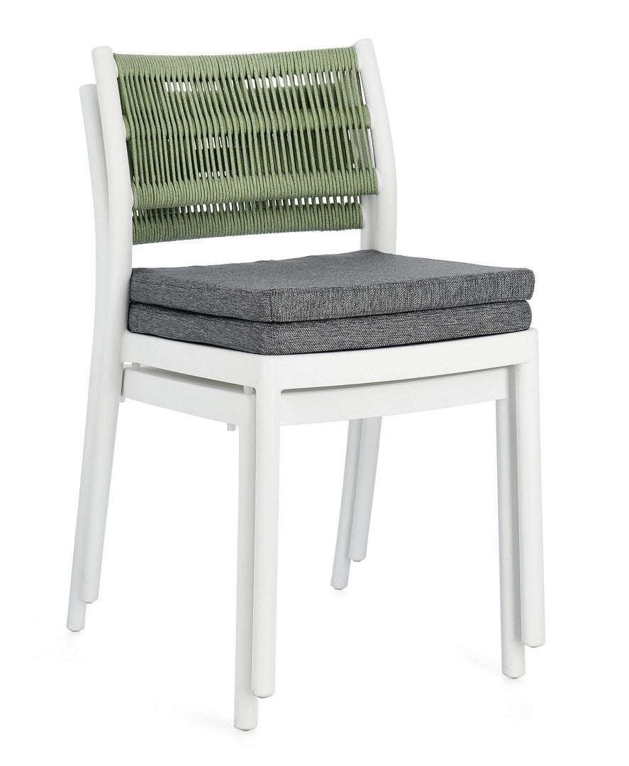 set di 4 sedie alvin in polipropilene bianco e corda intrecciata verde, impilabili, modello outdoor dal design moderno e...