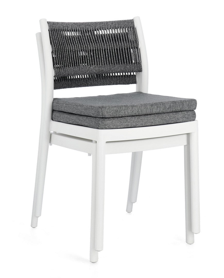 set di 4 sedie alvin in polipropilene bianco e corda intrecciata grigio scuro, impilabili, modello outdoor dal design...