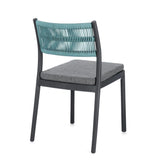 set di 4 sedie alvin in polipropilene antracite e corda intrecciata blu, impilabili, dettaglio della finitura in metallo,...