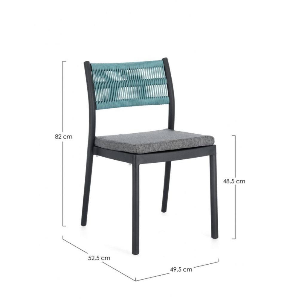 set di 4 sedie alvin in polipropilene antracite e corda intrecciata blu, impilabili, ambientazione su terrazza, veranda o...