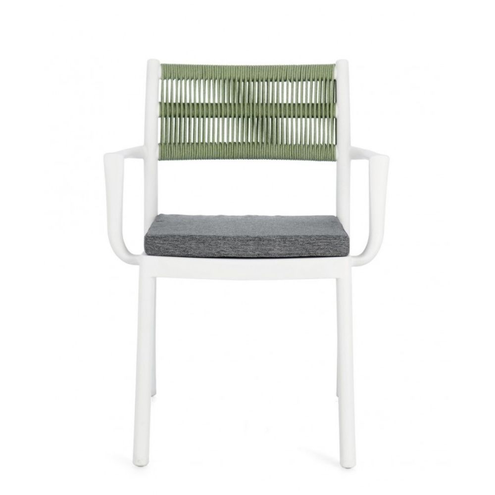 set di 4 sedie alvin in polipropilene bianco e corda intrecciata verde, con braccioli, ideale per arredare con stile il tuo...