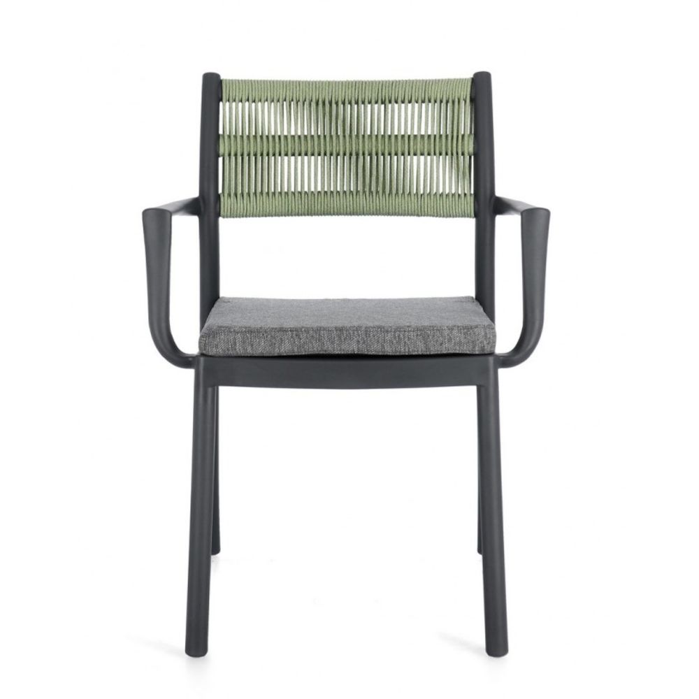 set di 4 sedie alvin in polipropilene antracite e corda intrecciata verde, con braccioli, ideale per arredare con stile il...