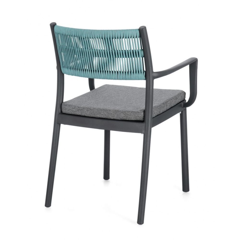 set di 4 sedie alvin in polipropilene antracite e corda intrecciata blu, con braccioli, dettaglio della finitura in metallo,...