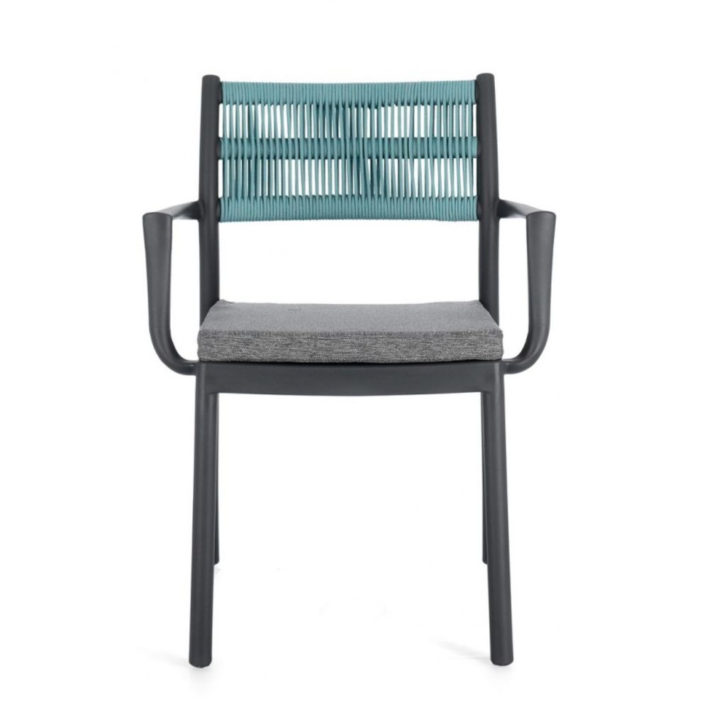 set di 4 sedie alvin in polipropilene antracite e corda intrecciata blu, con braccioli, ideale per arredare con stile il tuo...