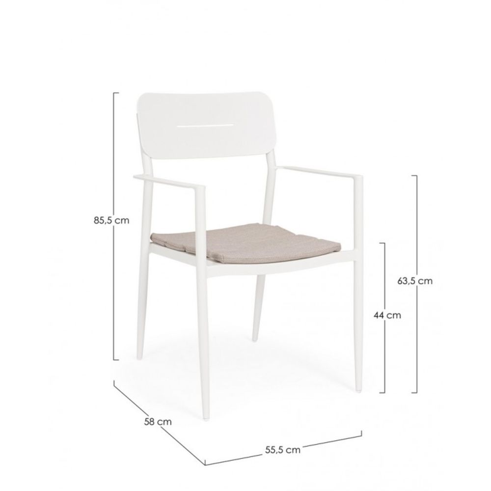 set di 4 sedie nebula in alluminio bianco con cuscino tortora impermeabile, con braccioli, ambientazione su terrazza,...