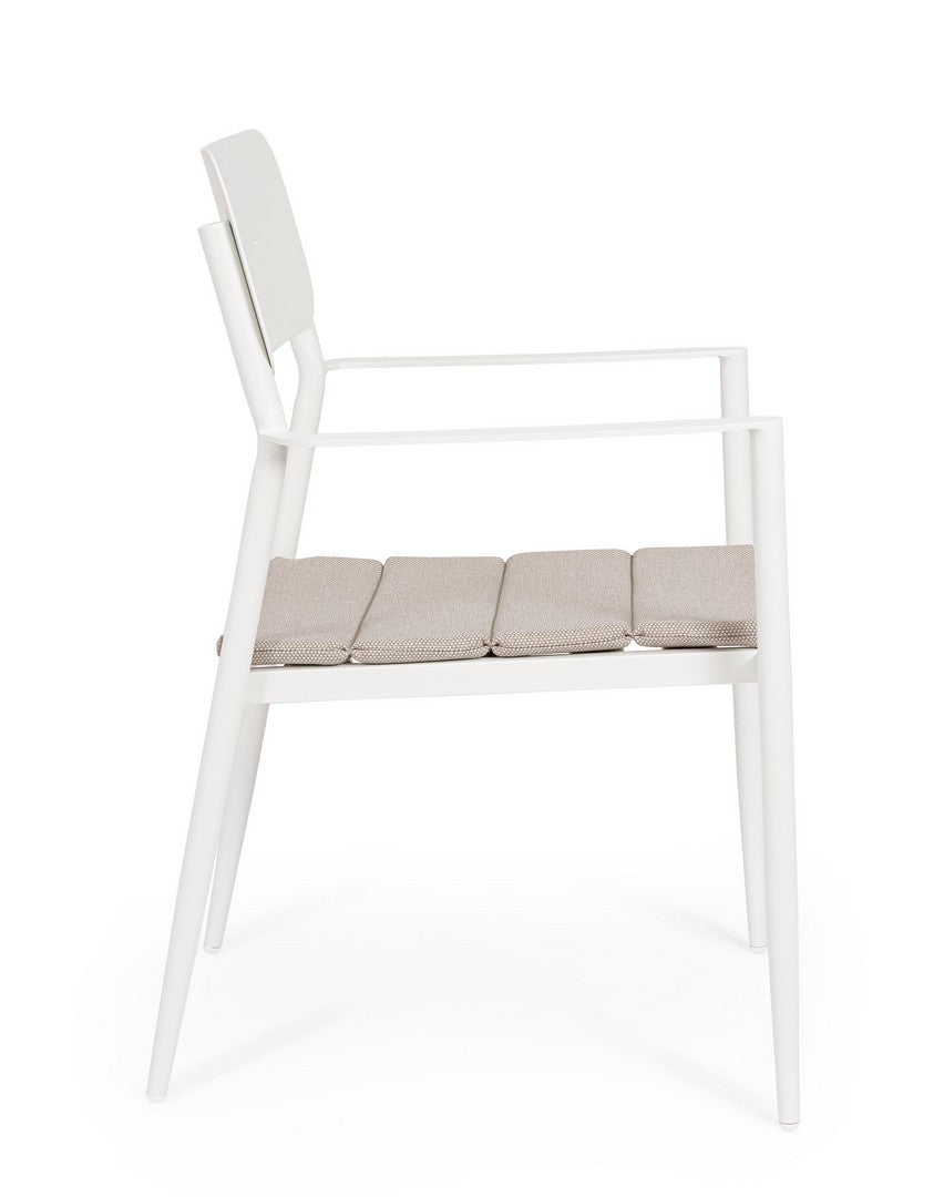 set di 4 sedie nebula in alluminio bianco con cuscino tortora impermeabile, con braccioli, impilabile e salvaspazio per uso...