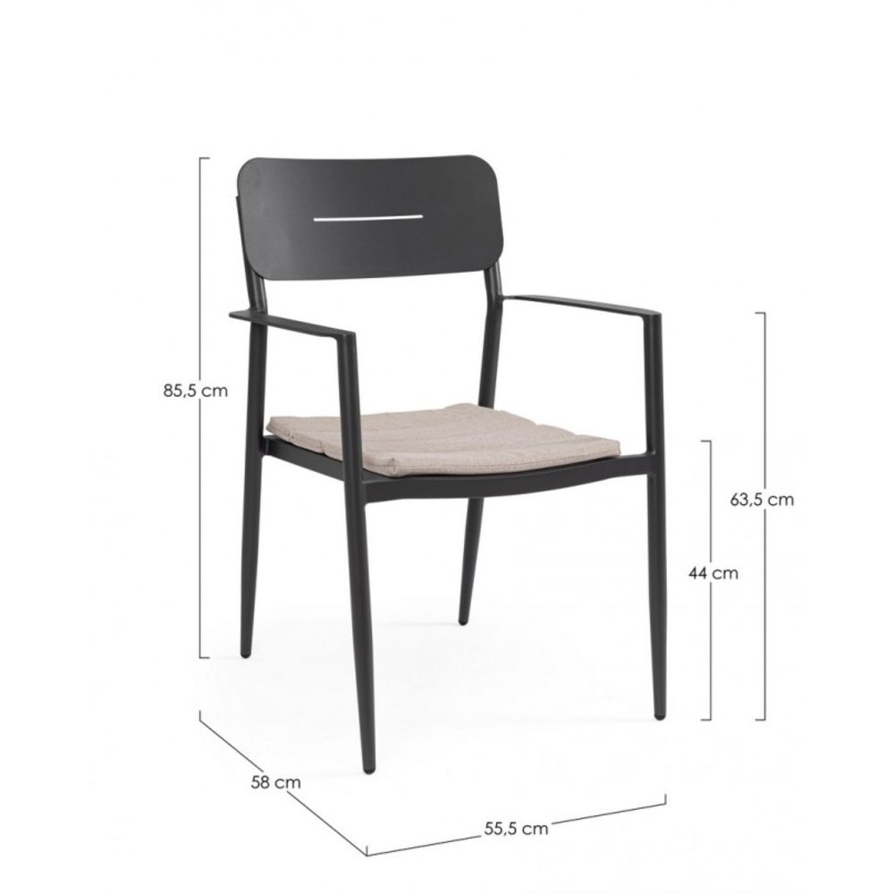 set di 4 sedie nebula in alluminio antracite con cuscino tortora impermeabile, con braccioli, ambientazione su terrazza,...