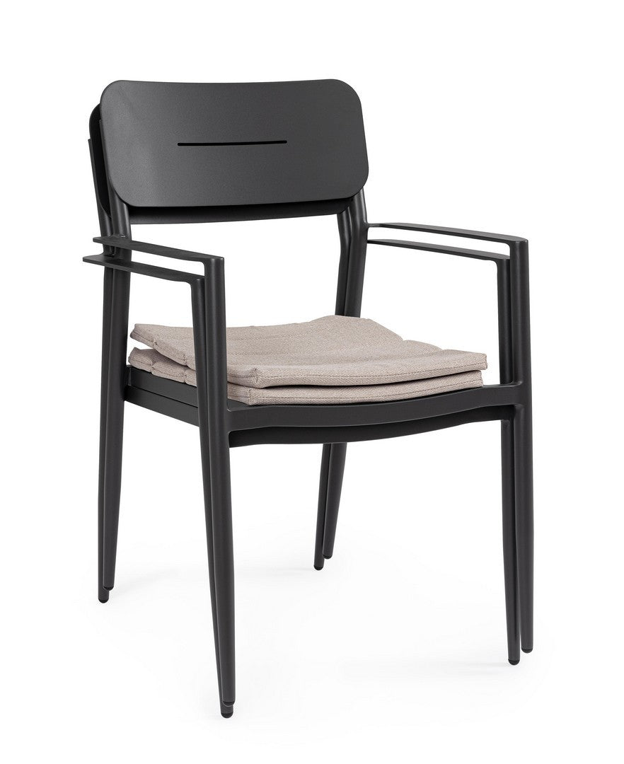 set di 4 sedie nebula in alluminio antracite con cuscino tortora impermeabile, con braccioli, impilabile e salvaspazio per...