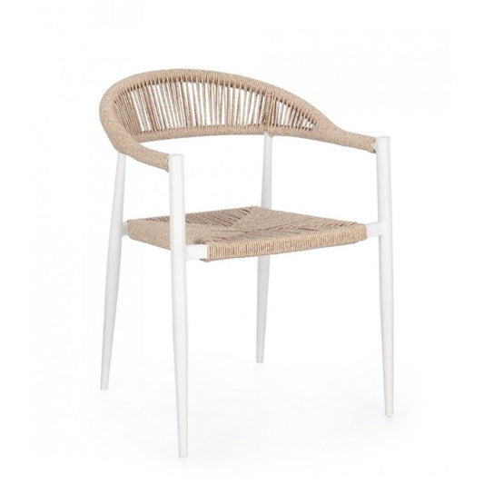set di 4 sedie jandia in alluminio bianco e fibre intrecciate beige, impilabili, sedia per esterno resistente agli agenti...