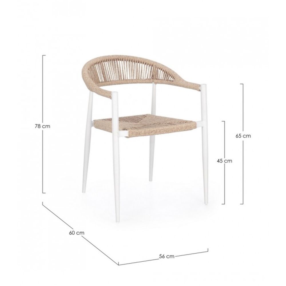 set di 4 sedie jandia in alluminio bianco e fibre intrecciate beige, impilabili, ambientazione su terrazza, veranda o prato