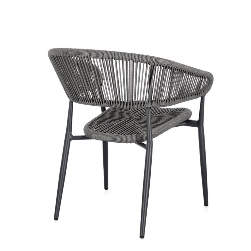 set di 4 sedie algaida in alluminio antracite e fibre intrecciate grigie, impilabili, dettaglio della finitura in metallo,...