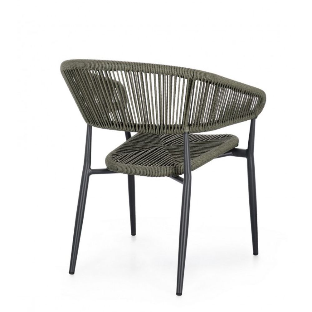 set di 4 sedie algaida in alluminio antracite e fibre intrecciate verdi, impilabili, dettaglio della finitura in metallo,...