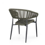 set di 4 sedie algaida in alluminio antracite e fibre intrecciate verdi, impilabili, dettaglio della finitura in metallo,...