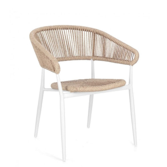 set di 4 sedie algaida in alluminio bianco e fibre intrecciate beige, impilabili, sedia per esterno resistente agli agenti...