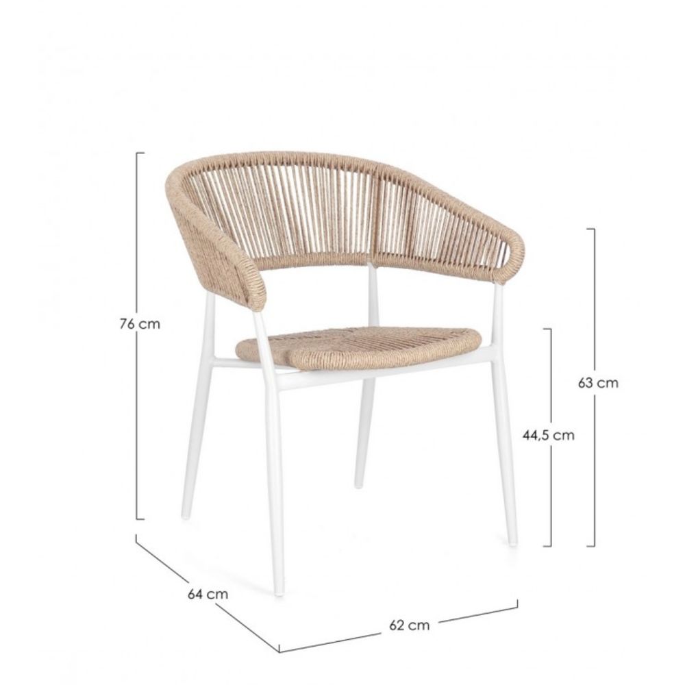 set di 4 sedie algaida in alluminio bianco e fibre intrecciate beige, impilabili, ambientazione su terrazza, veranda o prato