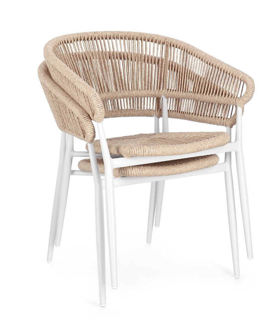 set di 4 sedie algaida in alluminio bianco e fibre intrecciate beige, impilabili, modello outdoor dal design moderno e...