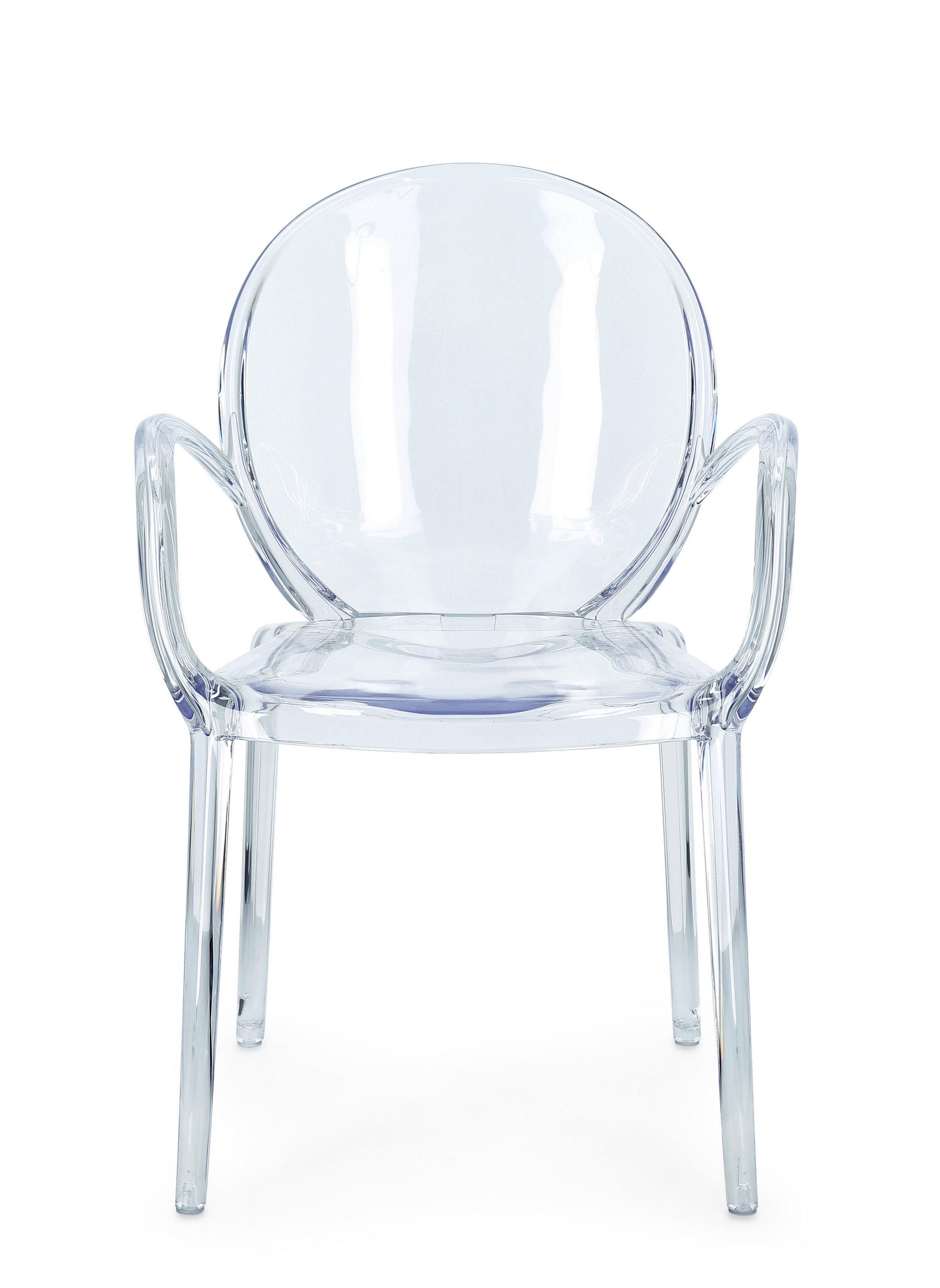set di 4 sedie camilla in policarbonato trasparente, impilabili, vista ambientata in soggiorno o sala da pranzo