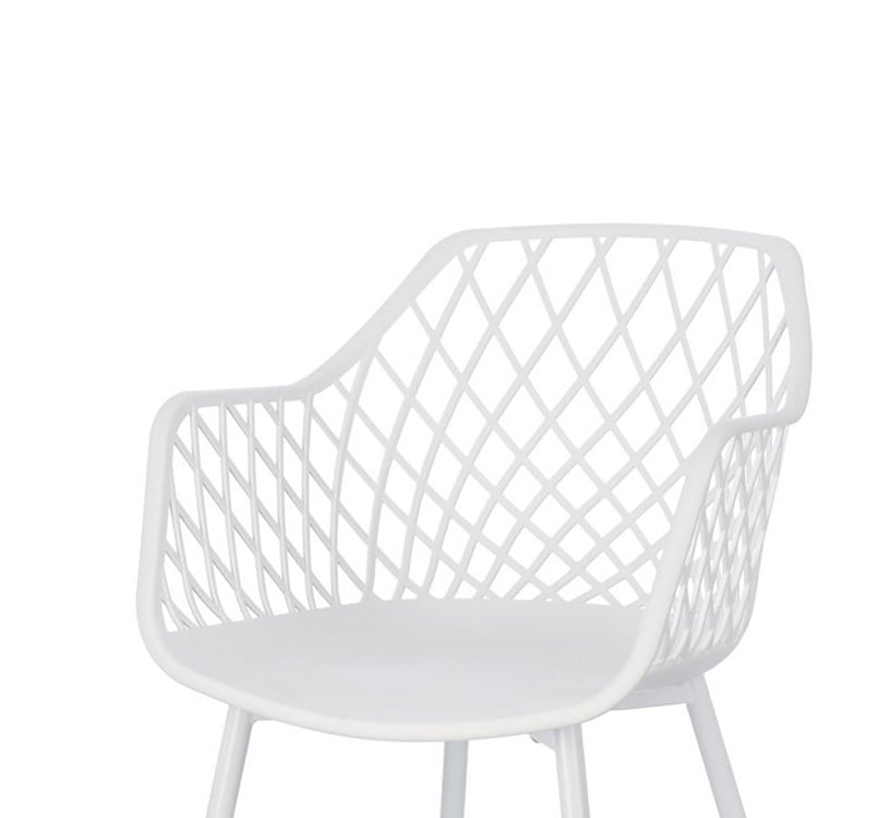 set di 4 sedie optik in polipropilene e acciaio bianco, dettaglio dei braccioli imbottiti o in legno