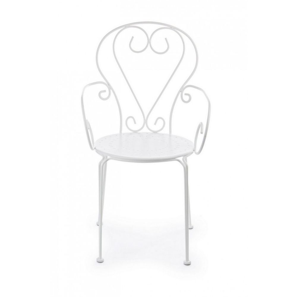 set di 4 sedie etienne in acciaio bianco impilabili, con braccioli, ambientazione su terrazza, veranda o prato