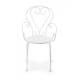 set di 4 sedie etienne in acciaio bianco impilabili, con braccioli, ambientazione su terrazza, veranda o prato