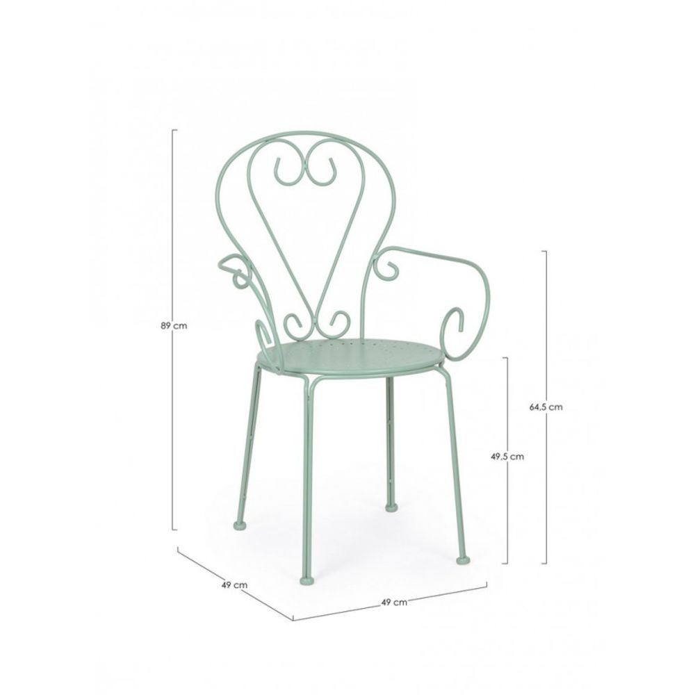 set di 4 sedie etienne in acciaio verde chiaro impilabili, con braccioli, ambientazione su terrazza, veranda o prato
