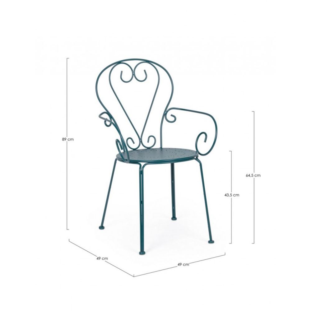 set di 4 sedie etienne in acciaio blu impilabili, con braccioli, ambientazione su terrazza, veranda o prato