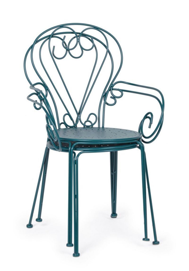 set di 4 sedie etienne in acciaio blu impilabili, con braccioli, impilabile e salvaspazio per uso stagionale