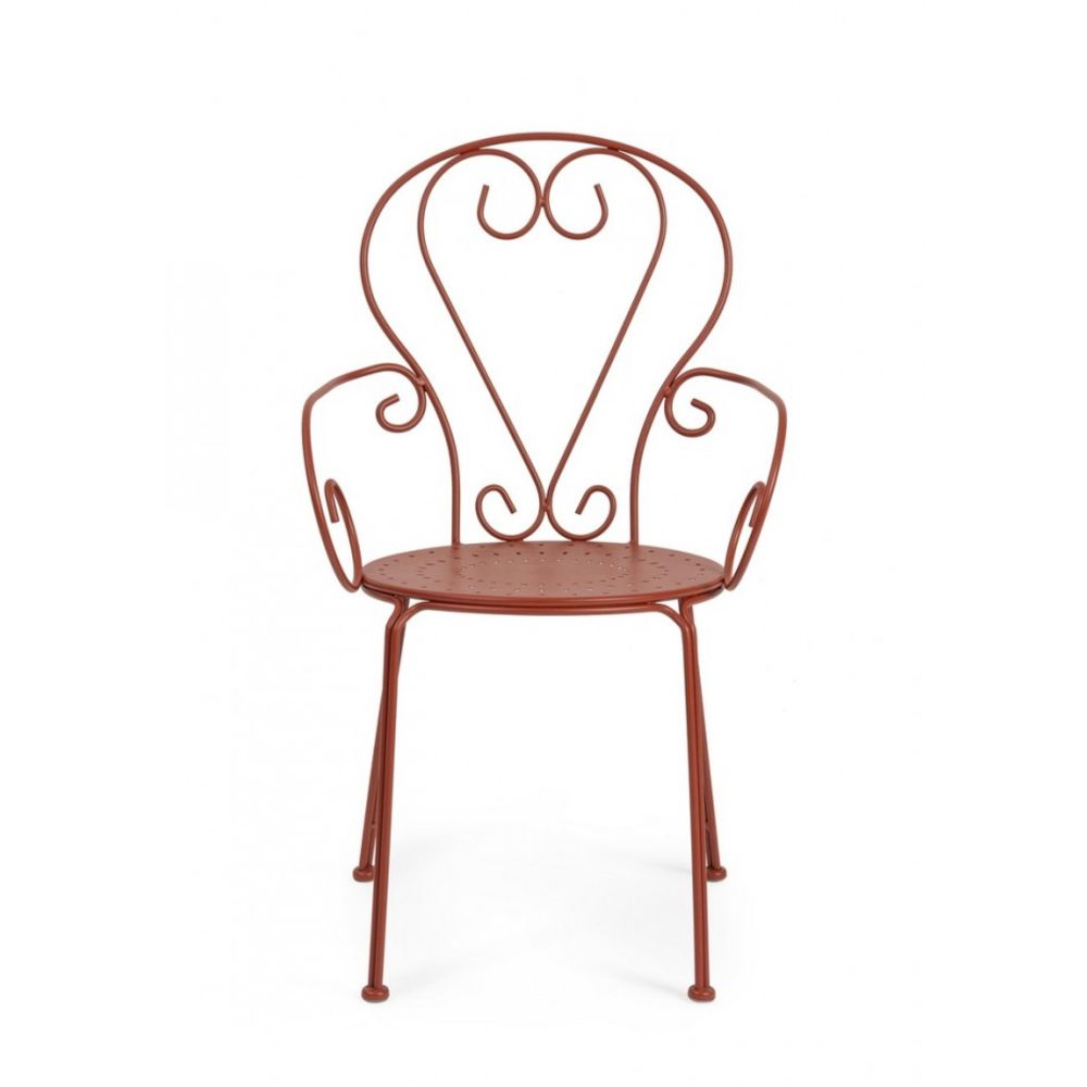 set di 4 sedie etienne in acciaio rosso impilabili, con braccioli, ambientazione su terrazza, veranda o prato