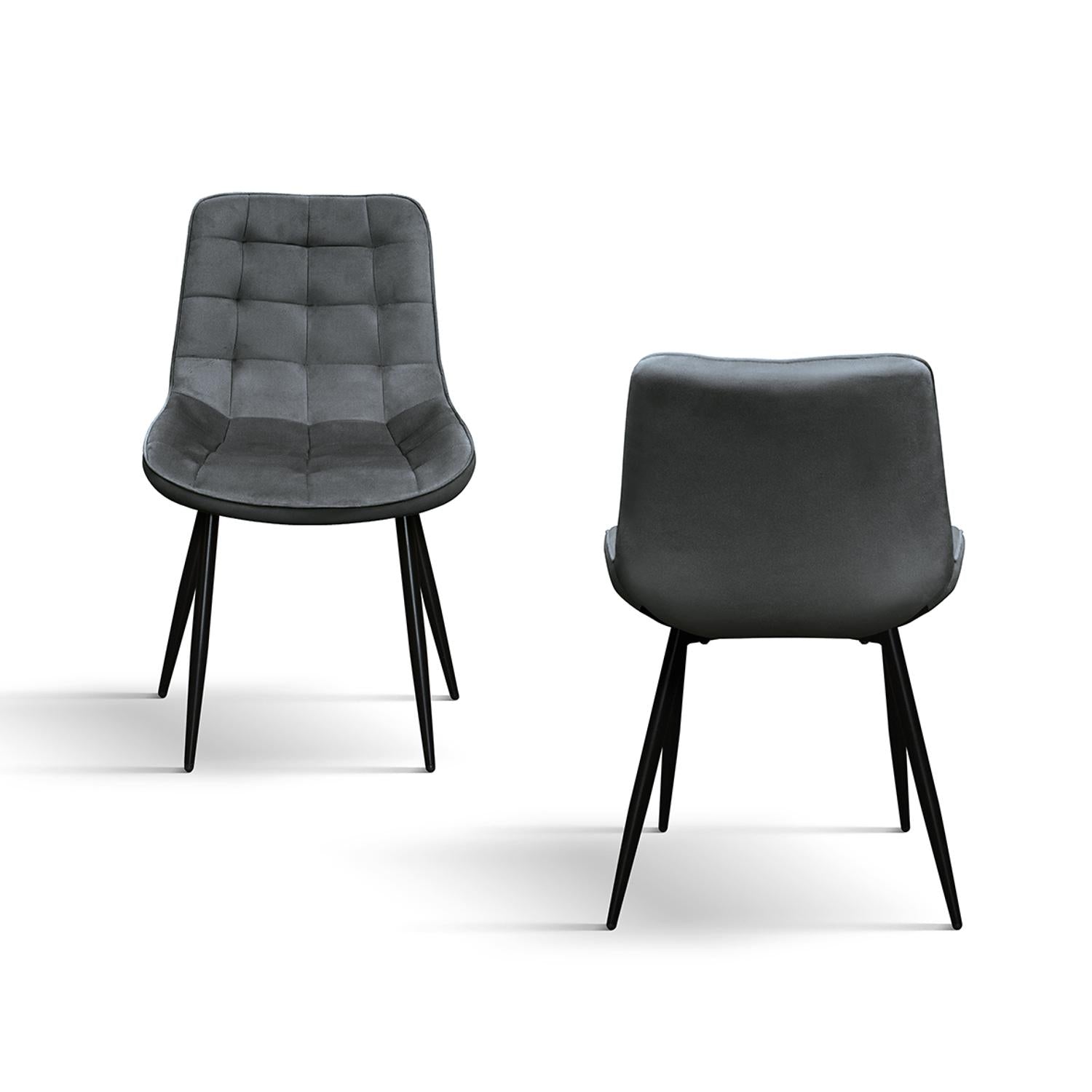 set di 4 sedie barcellona rivestite in velluto grigio e gambe in metallo nero, dettaglio della struttura in legno, metallo o...