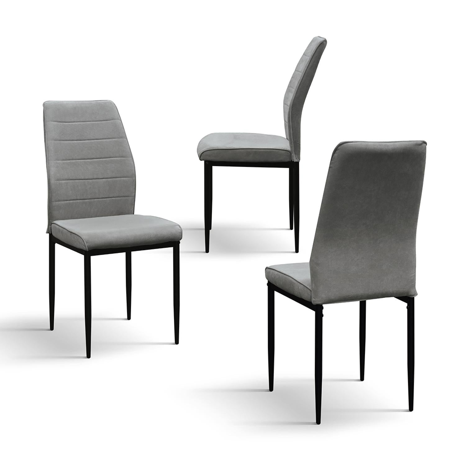 set di 4 sedie lubiana in tessuto grigio e gambe in metallo nero opaco, vista ambientata attorno a un tavolo da pranzo