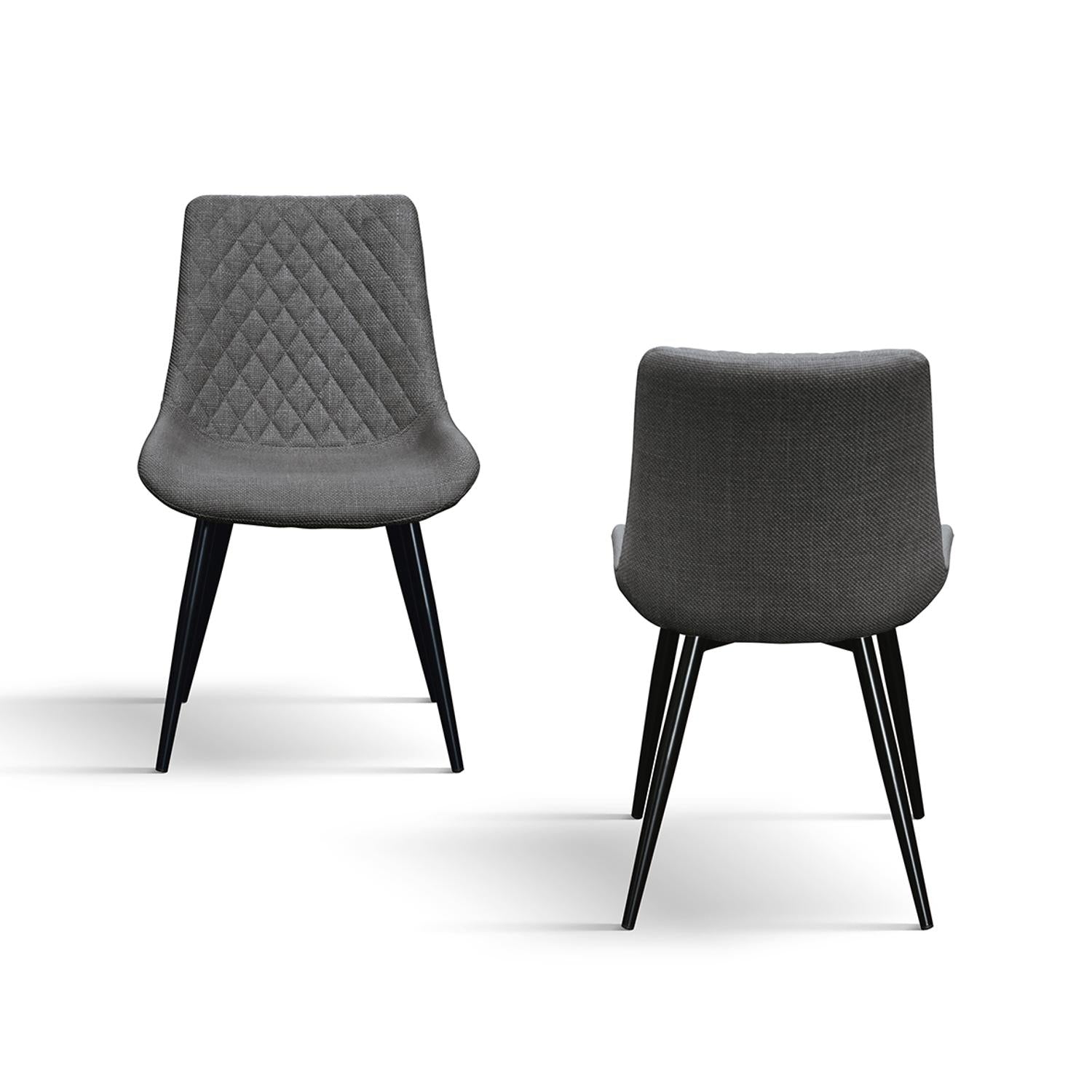 set di 4 sedie vienna in tessuto grigio e gambe in metallo nero, dettaglio della struttura in legno, metallo o plastica