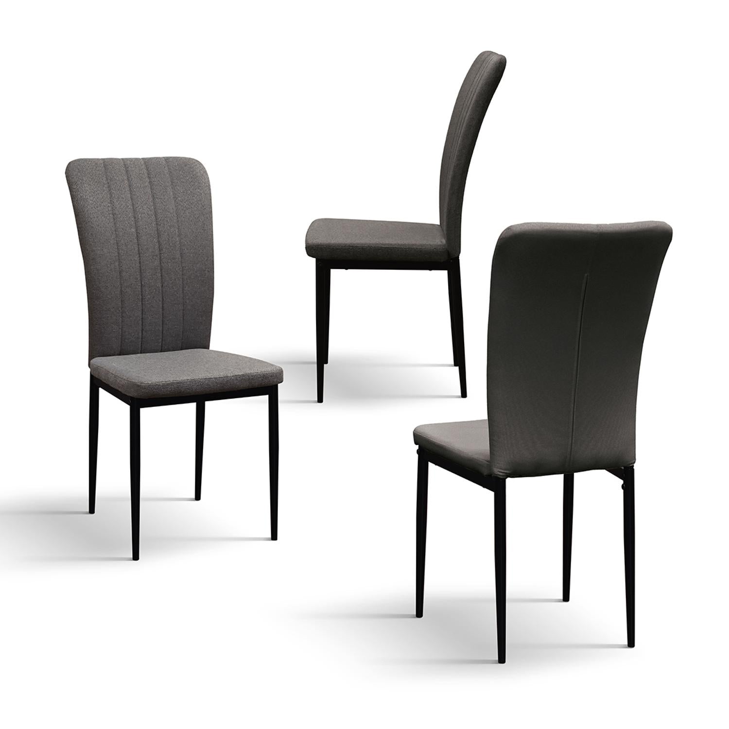 set di 6 sedie amsterdam in tessuto grigio e gambe in metallo nero, vista ambientata attorno a un tavolo da pranzo