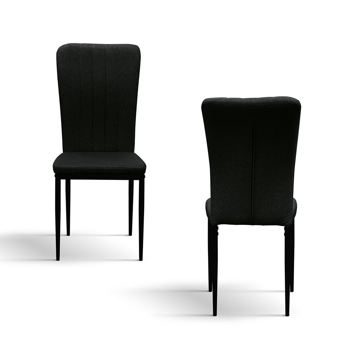 set di 6 sedie amsterdam in tessuto nero e gambe in metallo nero, dettaglio della struttura in legno, metallo o plastica