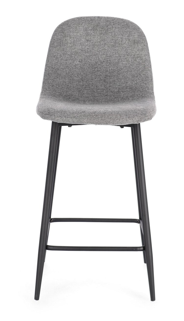 set di 2 sgabelli irelia in tessuto grigio scuro e gambe in acciaio nere, dettaglio della seduta imbottita o in legno