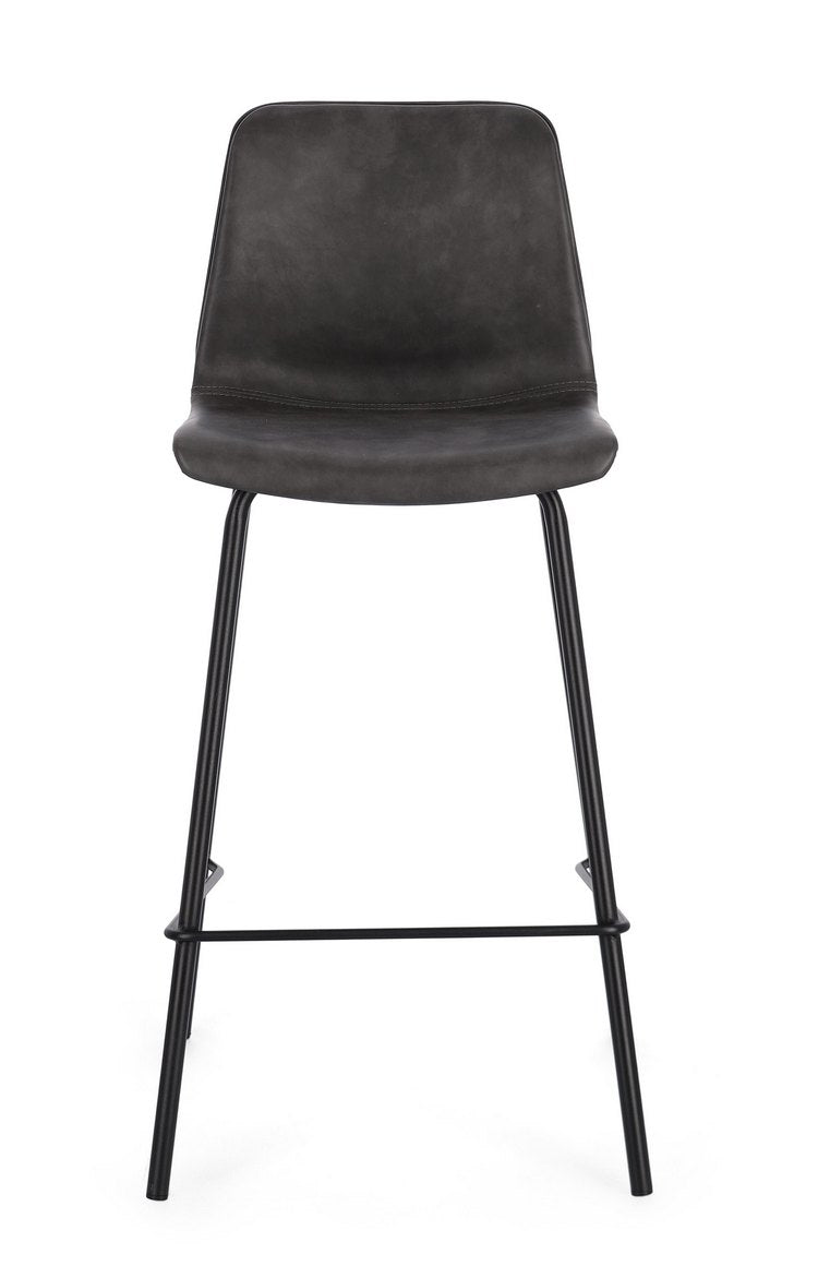 set di 2 sgabelli kyra in similpelle antracite e gambe in acciaio nero, dettaglio della seduta imbottita o in legno