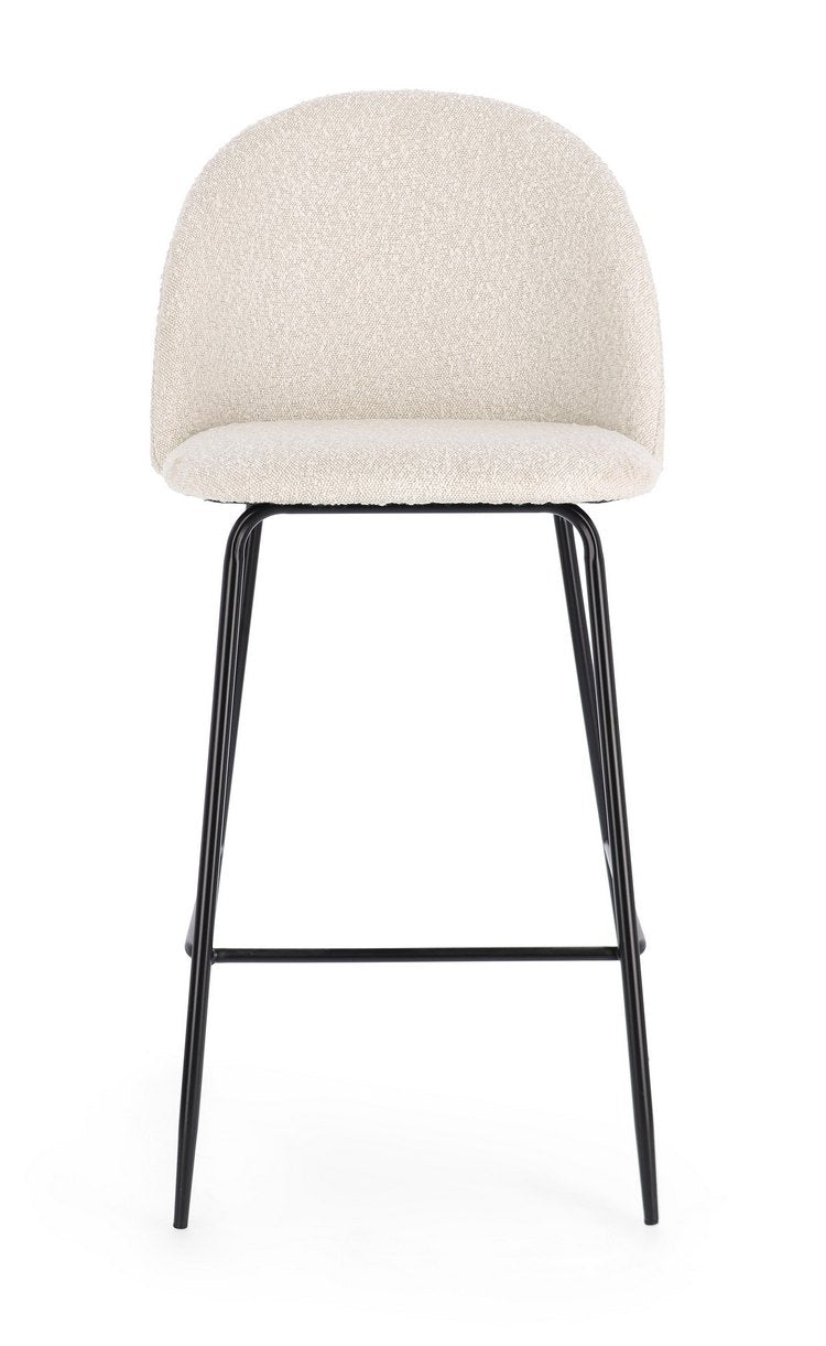 set di 2 sgabelli carry in tessuto avorio bouclé e gambe acciaio nero, dettaglio della seduta imbottita o in legno