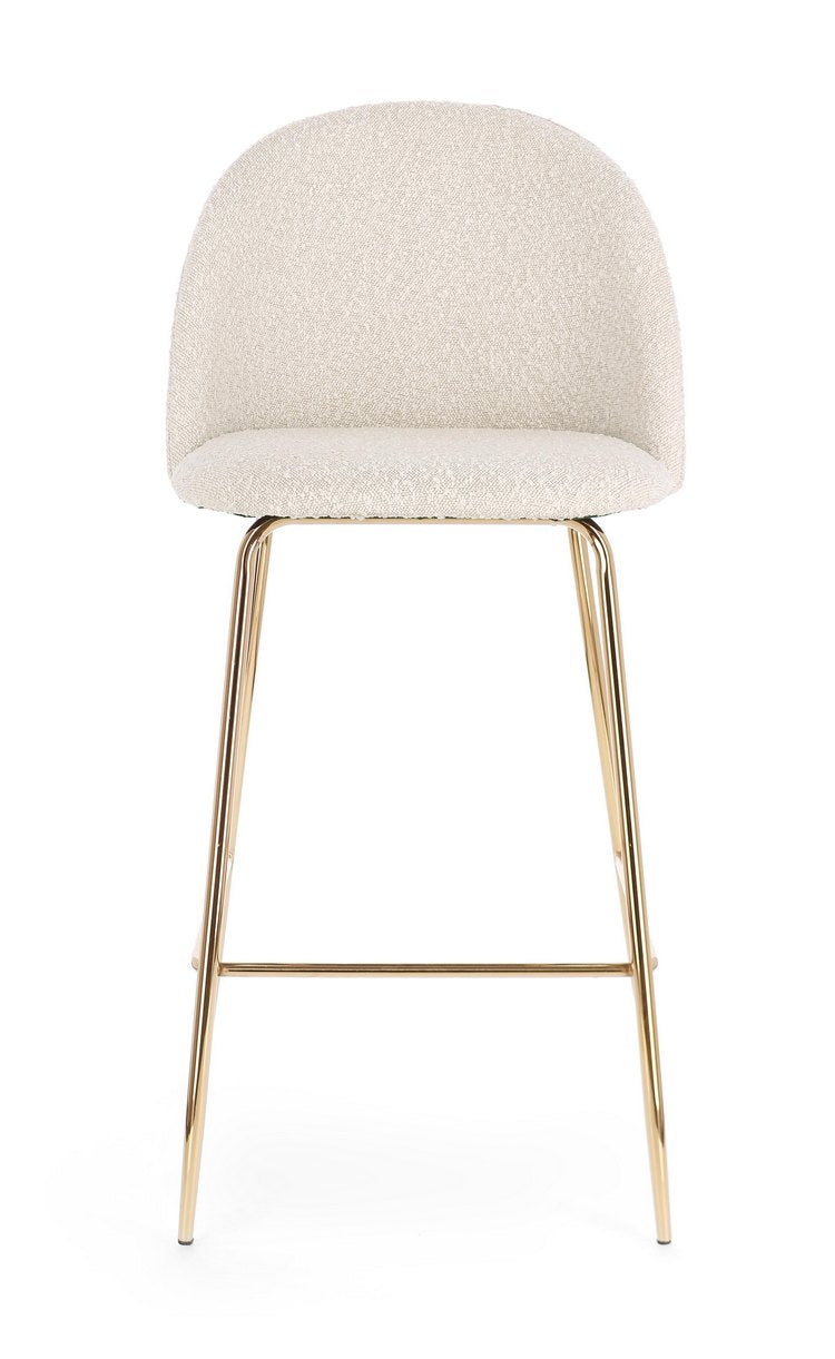 set di 2 sgabelli carry in tessuto avorio bouclé e gambe acciaio oro, dettaglio della seduta imbottita o in legno