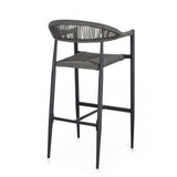 set di 4 sgabelli jandia in alluminio antracite e fibre intrecciate grigie, impilabili, dettaglio della struttura resistente...