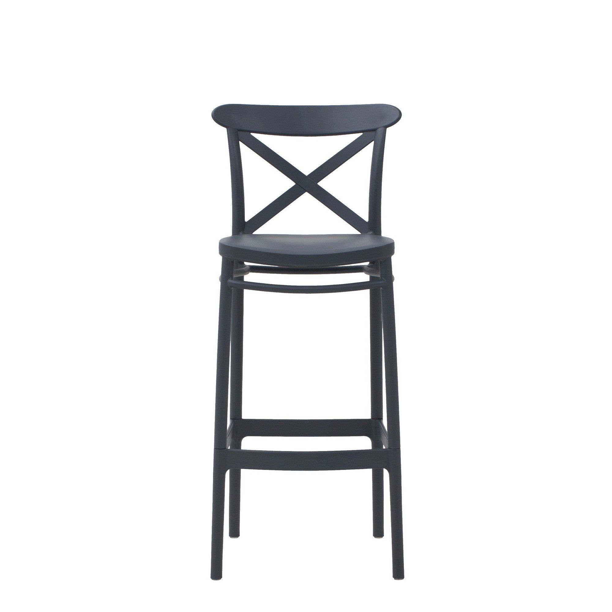 set di 4 sgabelli liverpool in polipropilene antracite, ambientazione in giardino o accanto a tavolo da esterno